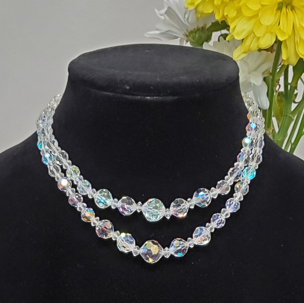 Vintage Aurora Borealis AB Faceted Crystal Two (2) Strand Necklace